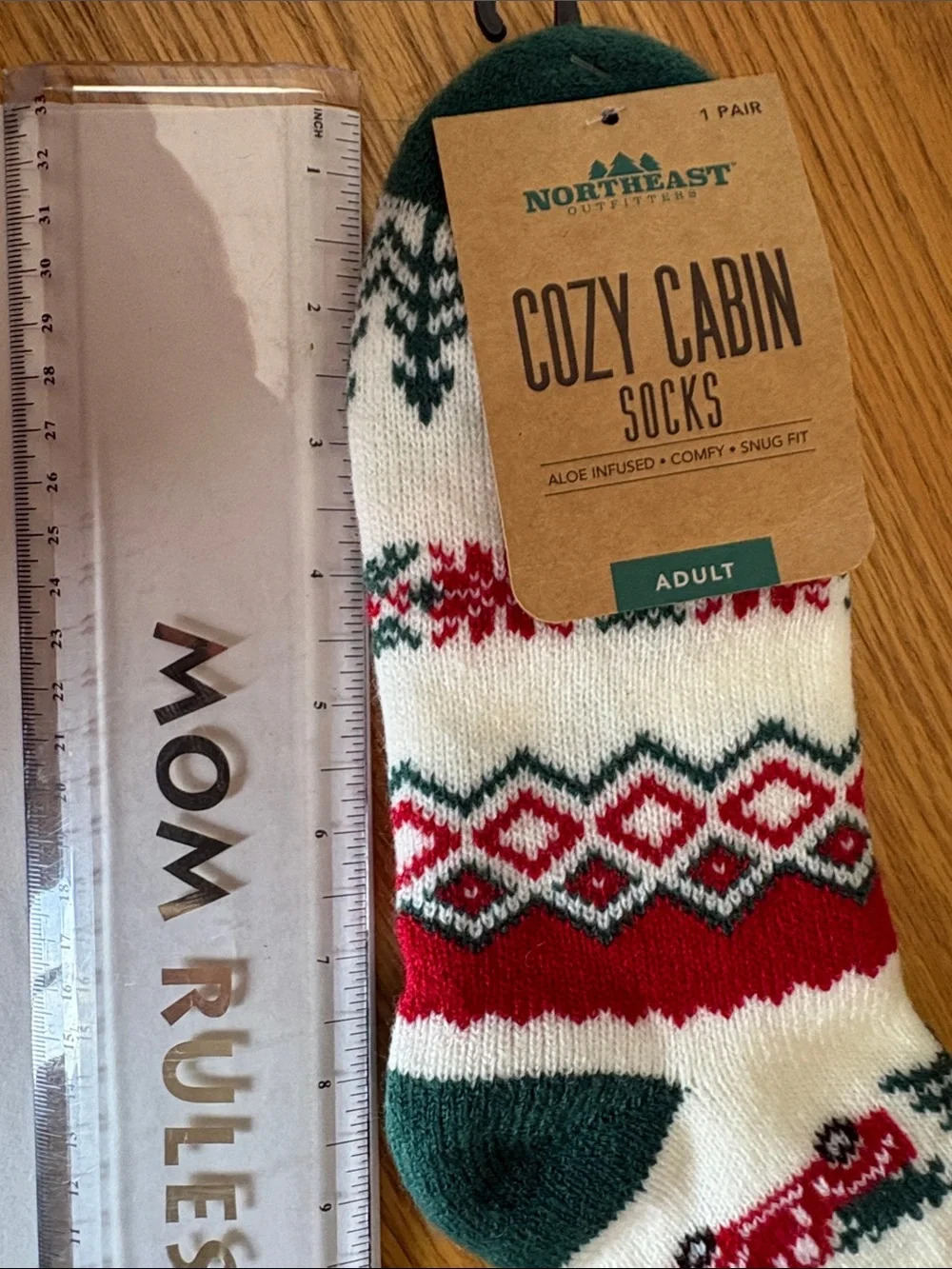 Two pair of Cozy Cabin Holiday Crew Socks by North + East - Red & Green (Adult)